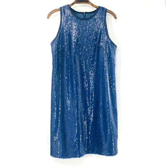 Carmen Marc Valvo Denim Blue Sequin Sleeveless Shift Dress Size 6 Small - Picture 2 of 14